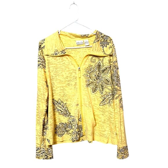 Kim Rogers Tops - Kim Rogers Yellow Floral Lightweight Zip-Up Hoodie Petite Large
